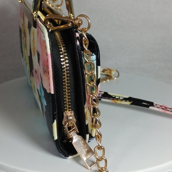 Black Floral Clutch Wallet Purse Handbag Metal Handles w Crossbody Chain Strap - Picture 3 of 9